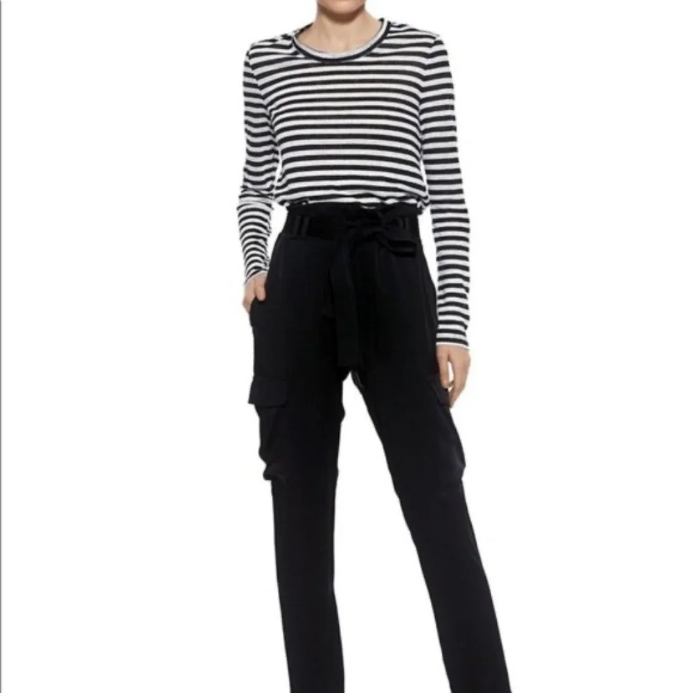 A.L.C. Combo Navy Stripe Open Back Tee Shirt Long Sleeve Linen - Picture 8 of 8